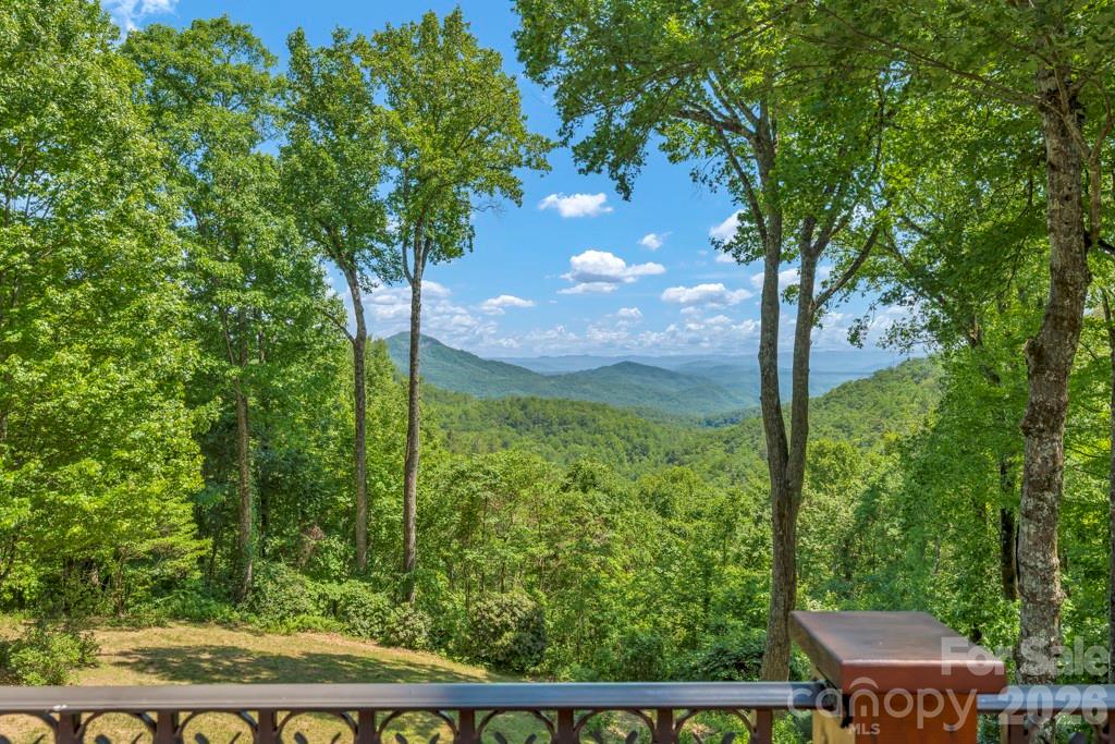 Mountain view from a wooded deck, framed by leafy trees and a dark railing.