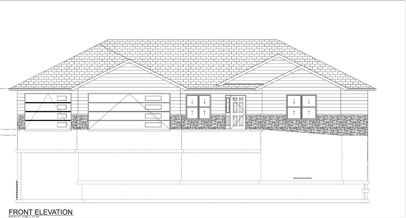 Architectural front elevation of a single-story house with two garage doors and a broad shingled roof.