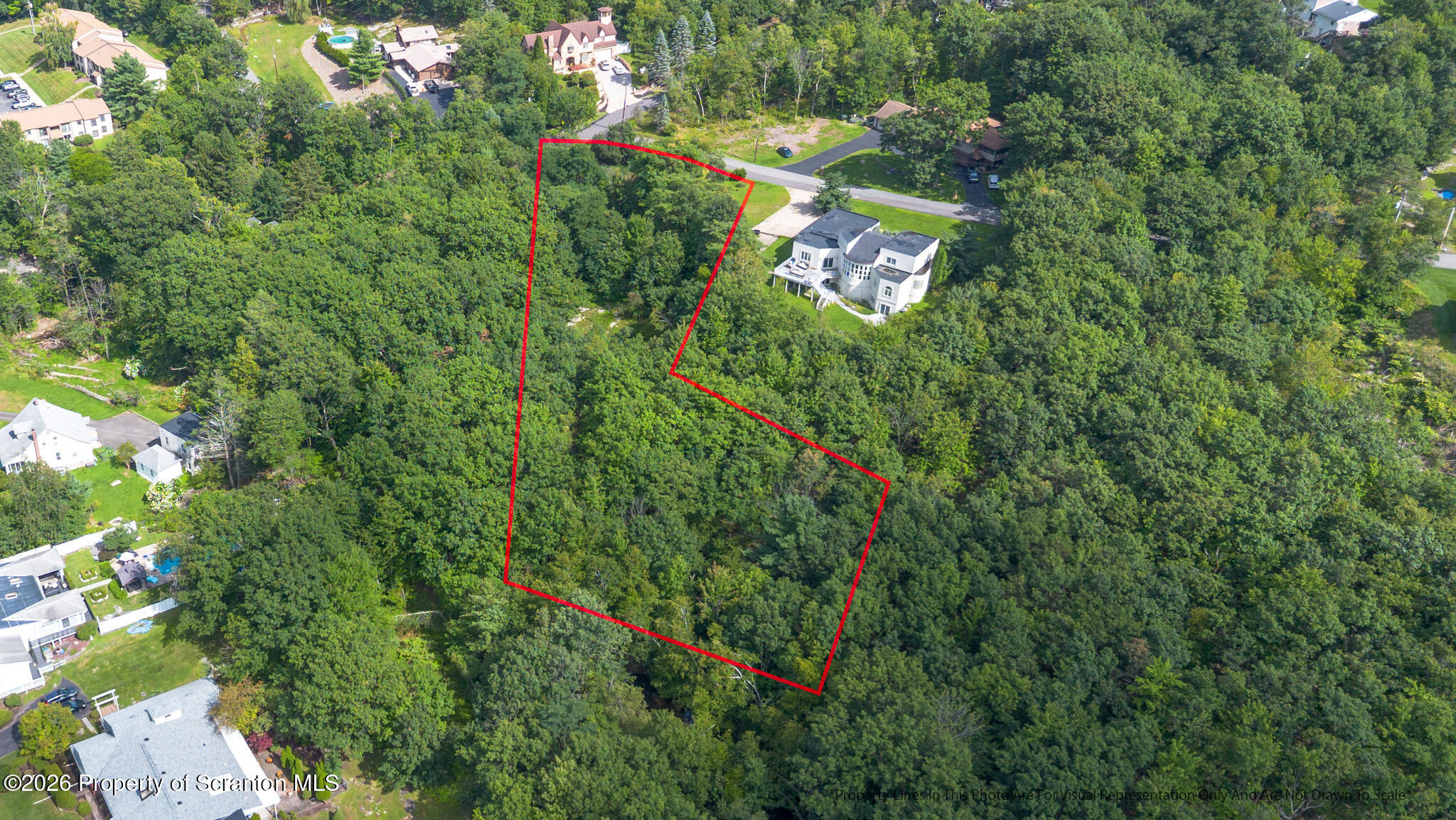 Aerial view of a wooded parcel outlined in red beside homes and a road.