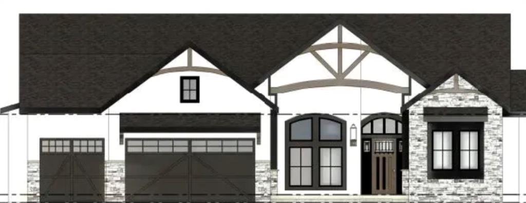 House rendering with a dark roof, stone accents, two garage doors, and arched windows.