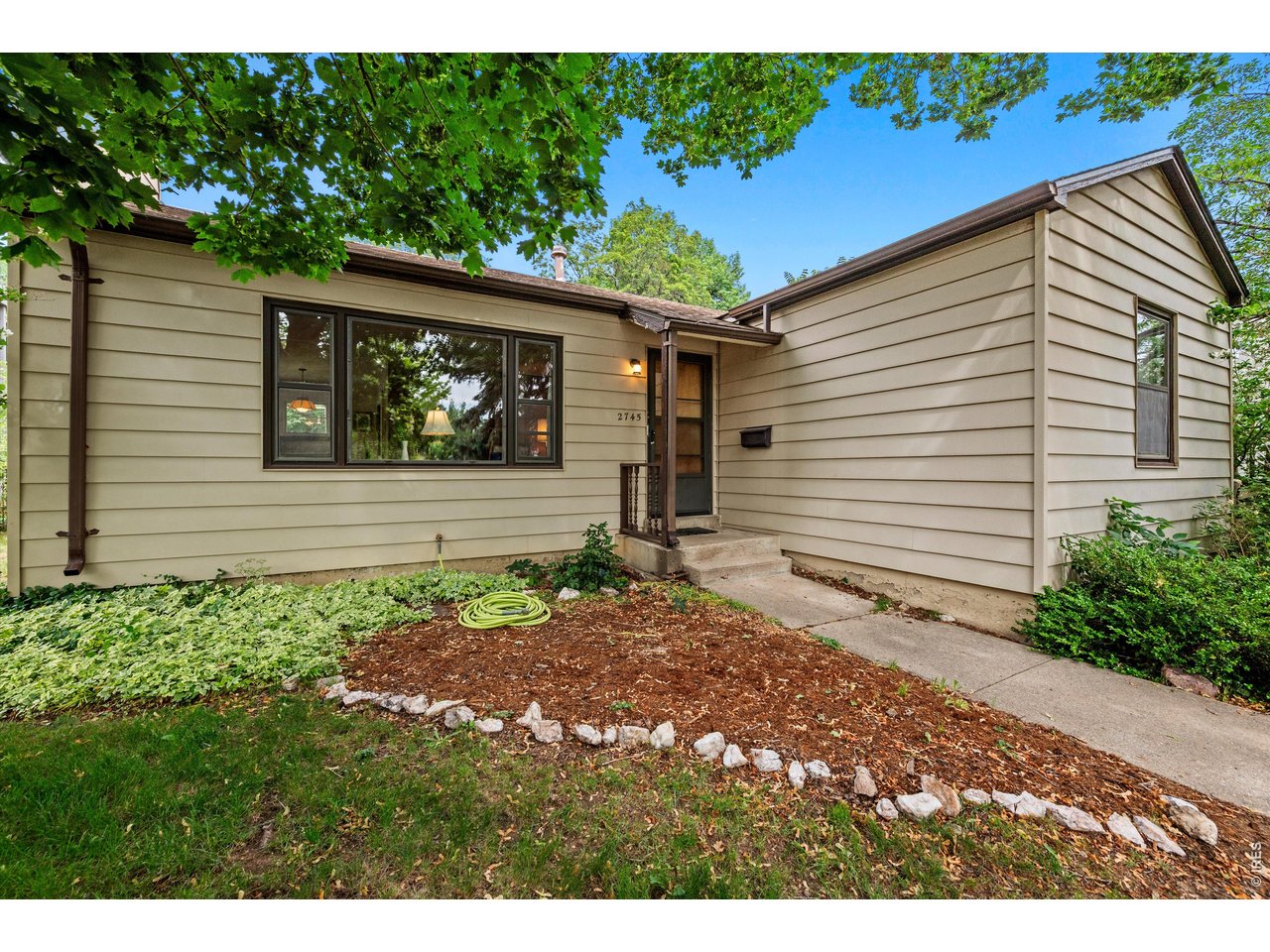 Single-story beige home with a recessed entry, large windows, and a leafy front yard.