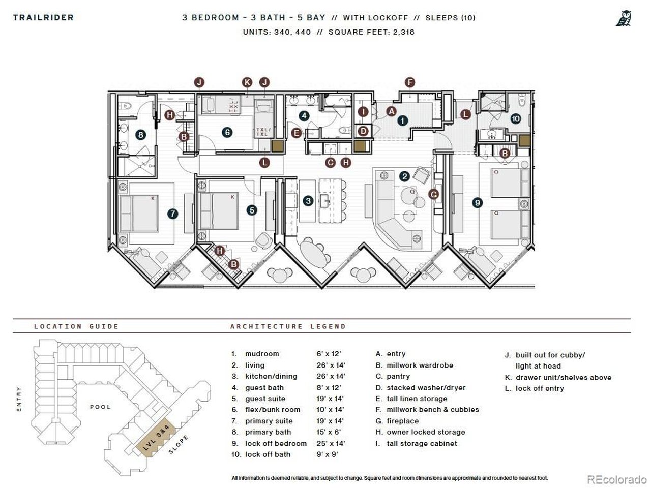 Trailrider floor plan showing three bedrooms, three baths, a lockoff, and a location guide with pool and slope.