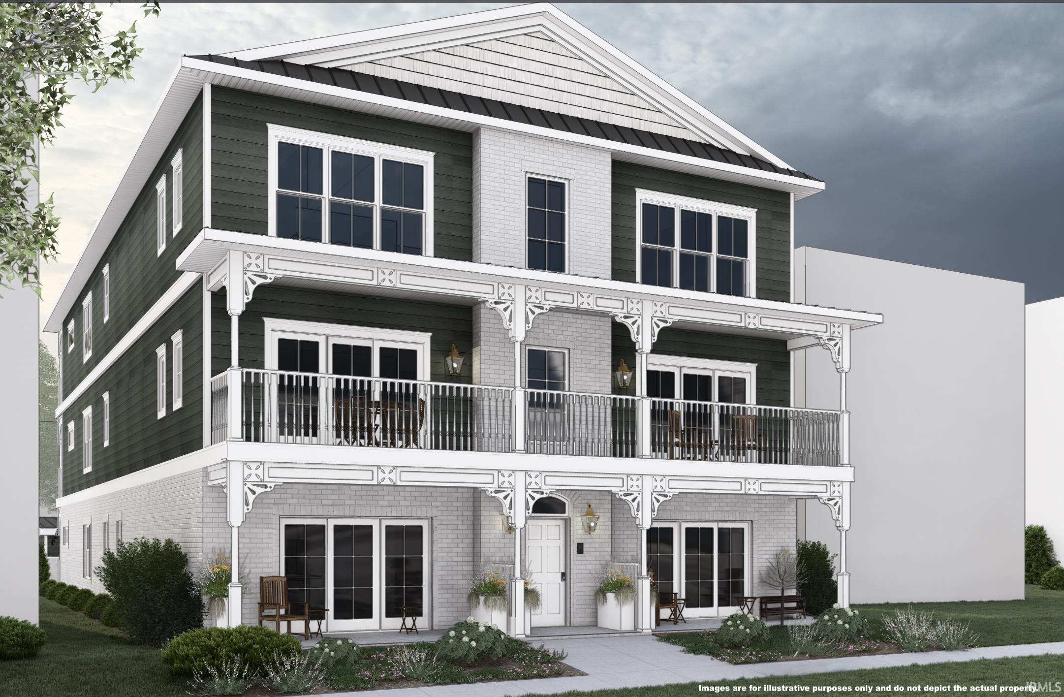 Three-story home rendering with dark green siding, white brick, and broad covered balconies.