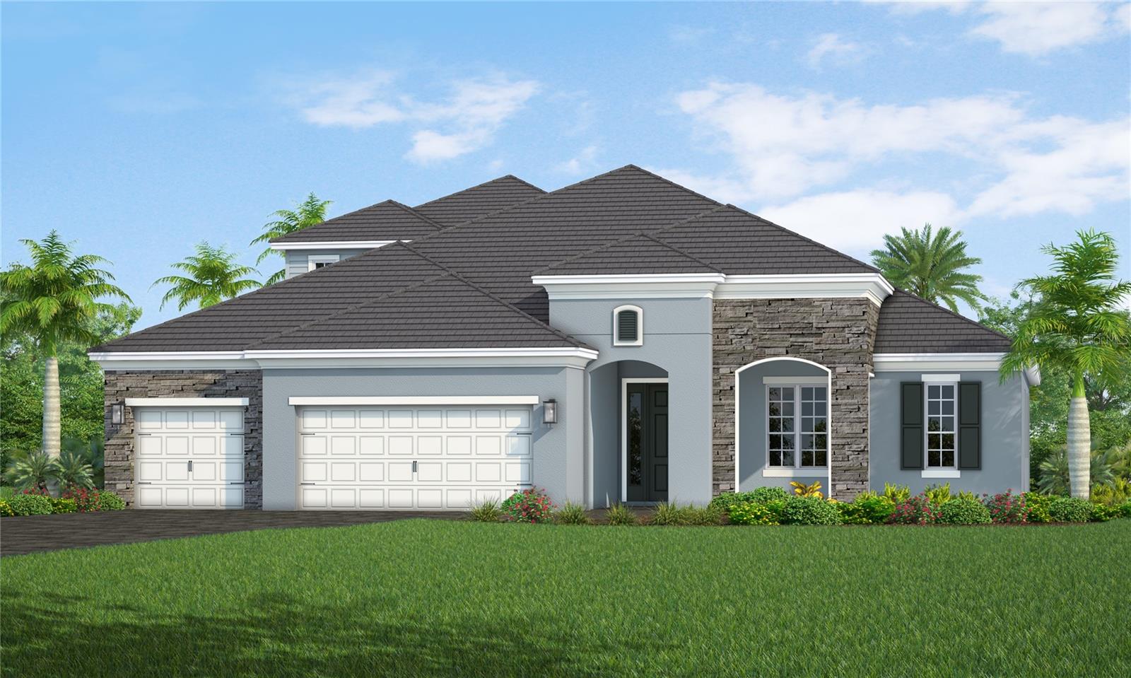 Blue-gray single-story home with stone accents, two garage doors, and palm trees.