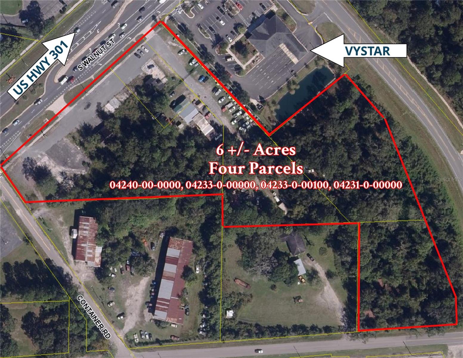 Aerial map outlining four parcels totaling about six acres near US Highway 301 and Container Road.