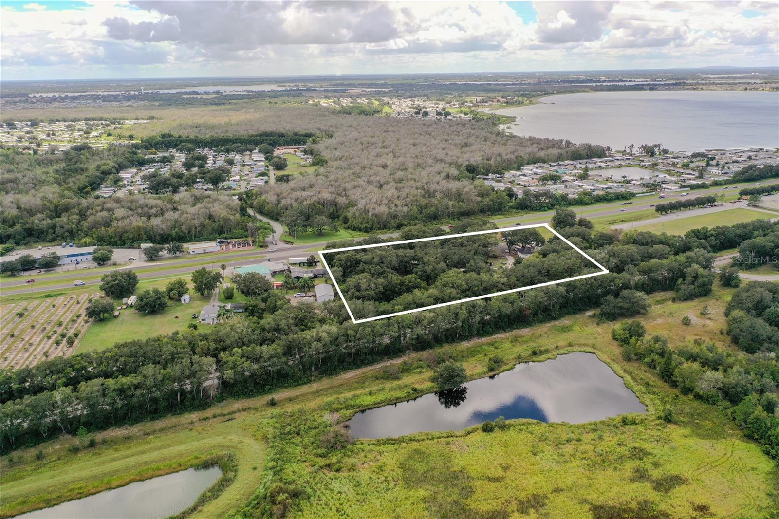 Aerial view of a white-outlined wooded parcel beside a highway and lake.
