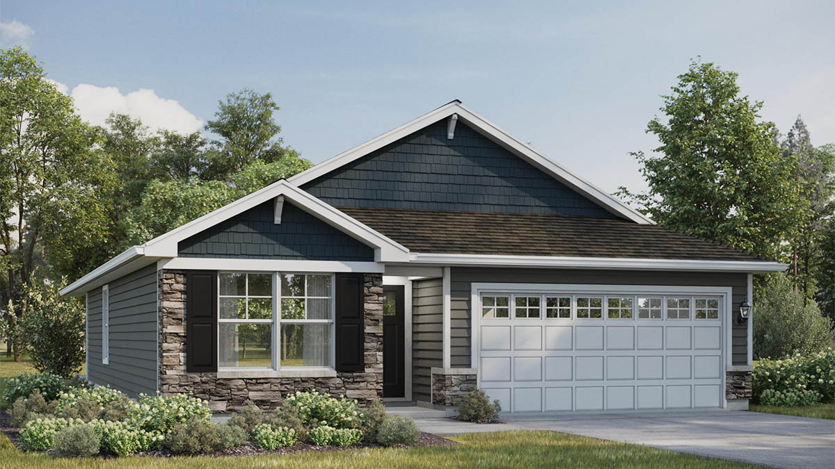 Single-story home with dark siding, stone accents, and a two-car garage.