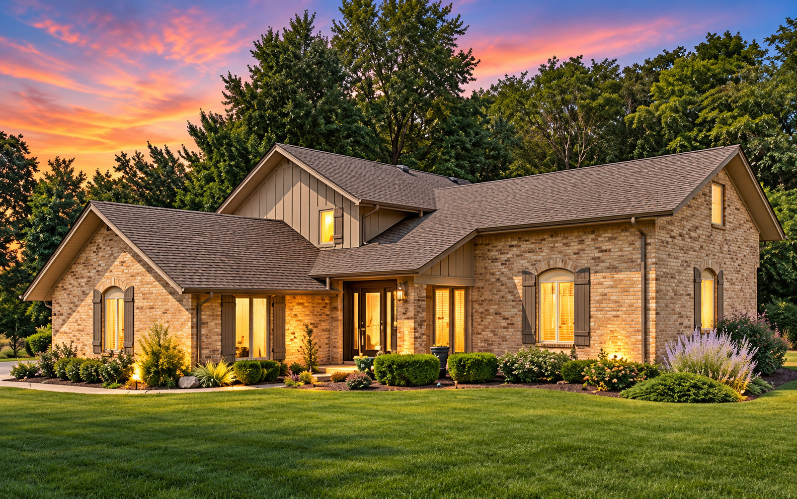 Brick home with warmly lit windows and landscaped lawn beneath a vivid dusk sky.