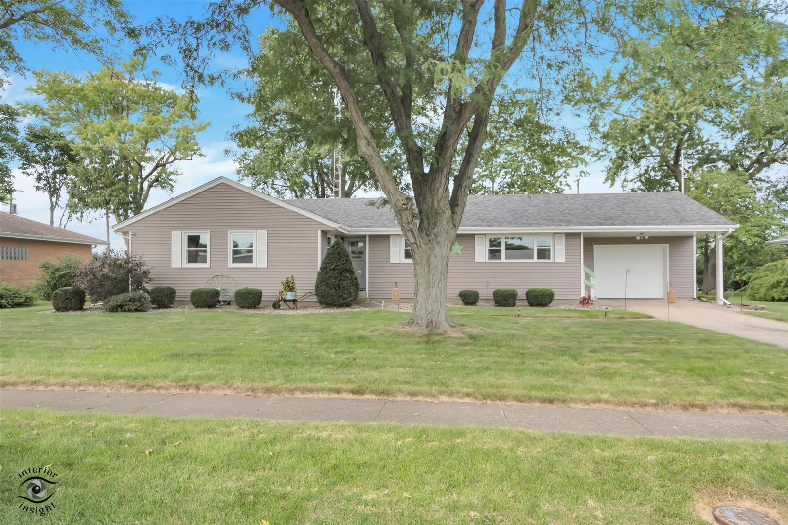 Single-story taupe house with an attached garage, partly obscured by a large front-yard tree.