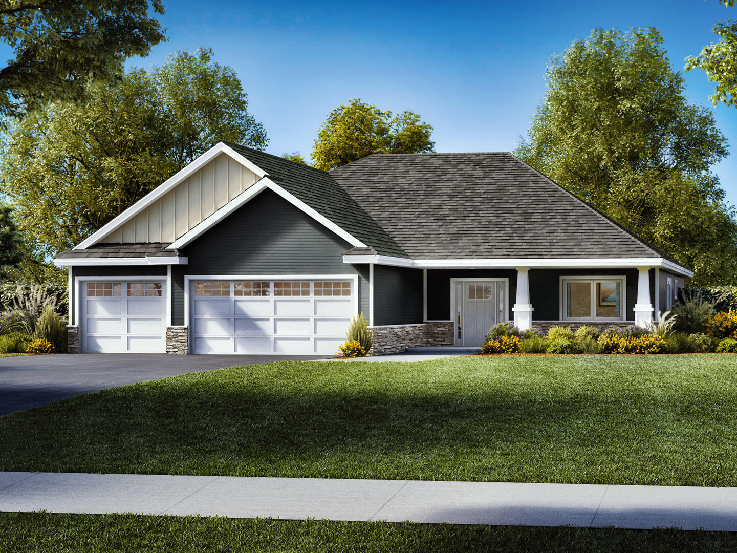 Single-story dark-sided home with two garage doors, a covered porch, and landscaped lawn.