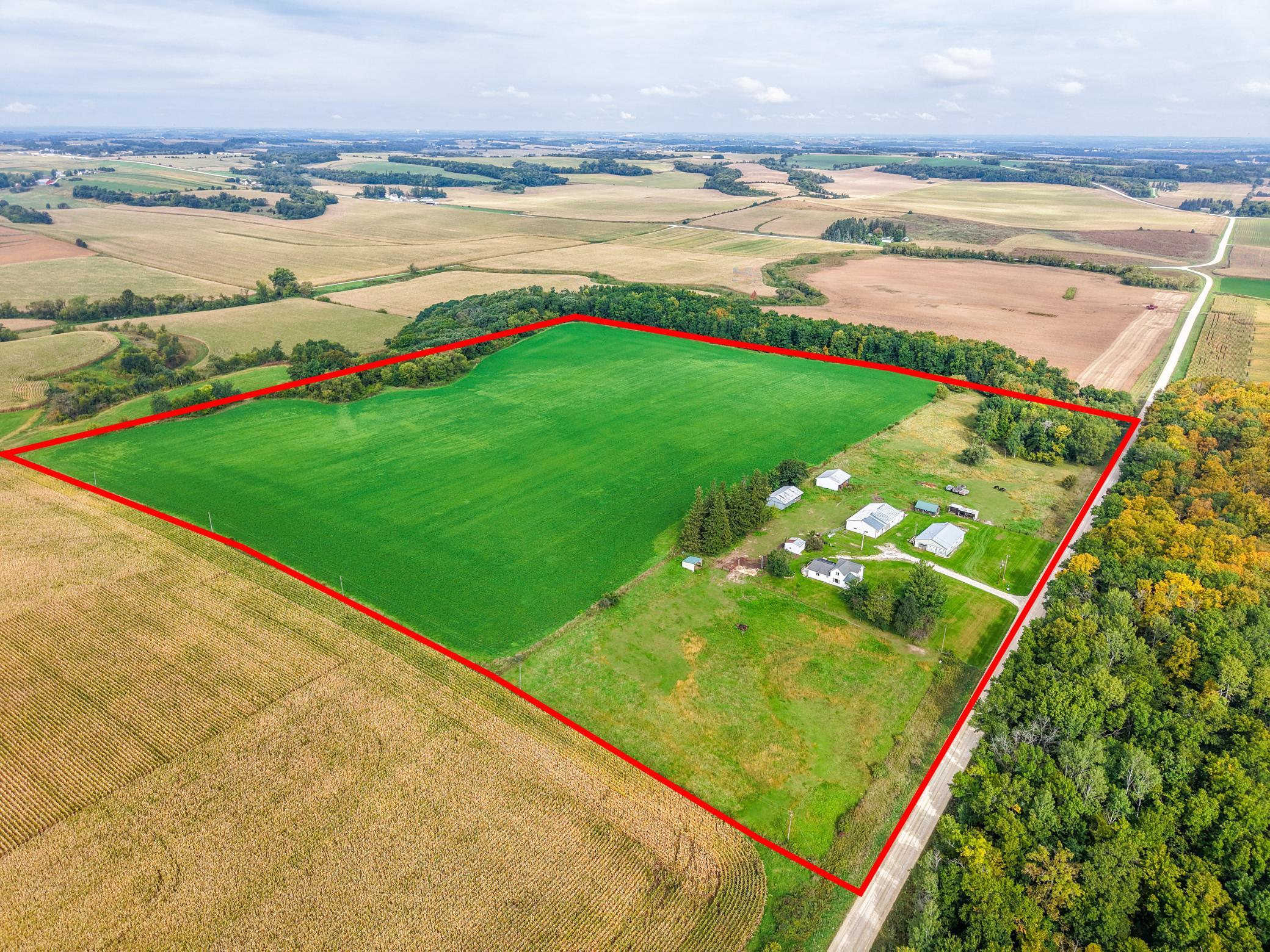 Aerial view of a green rural field outlined in red, with farm buildings and a road nearby.