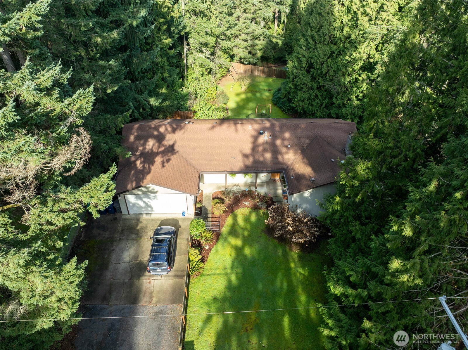 Aerial view of a home surrounded by evergreens, with a large lawn, driveway, and backyard play structure.