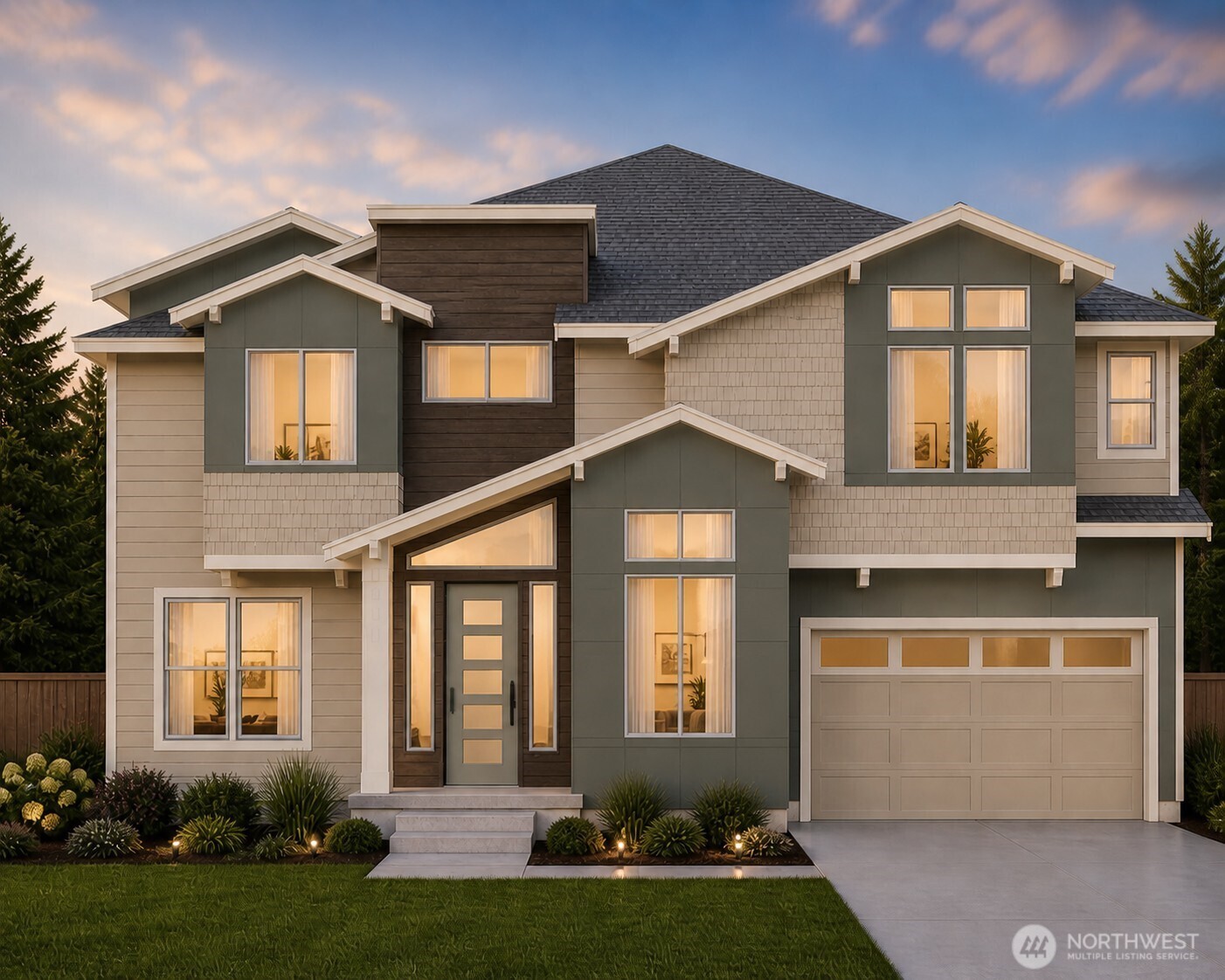 Two-story gray-green and beige home with an attached garage and warmly lit windows at dusk.