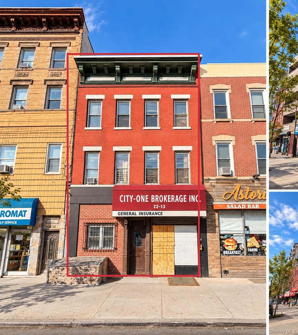 Red-brick street-front building with City-One Brokerage and General Insurance signs, outlined beside neighboring storefronts.