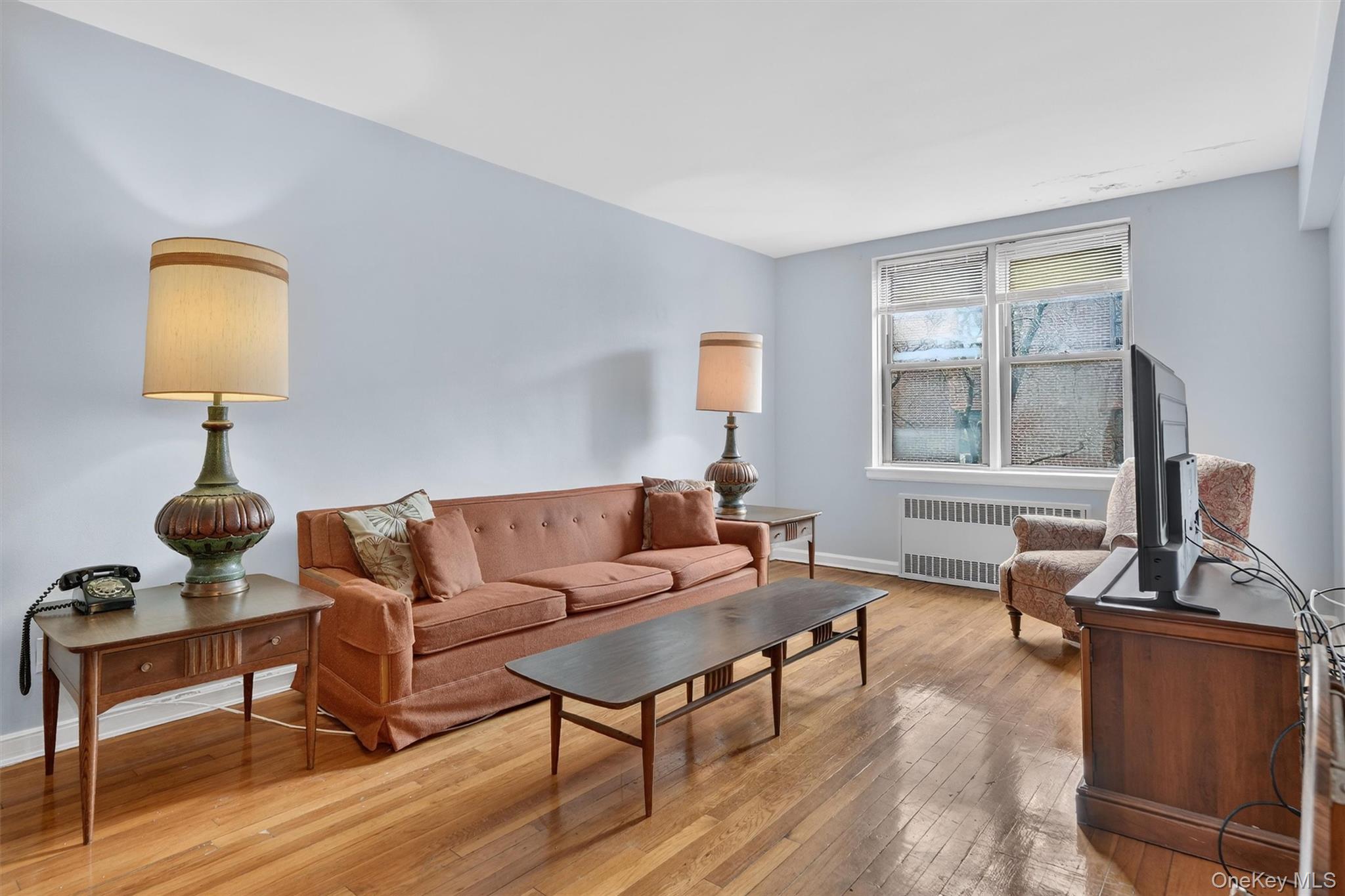 Living room with a rust-colored sofa, hardwood floors, and snow visible through the windows.