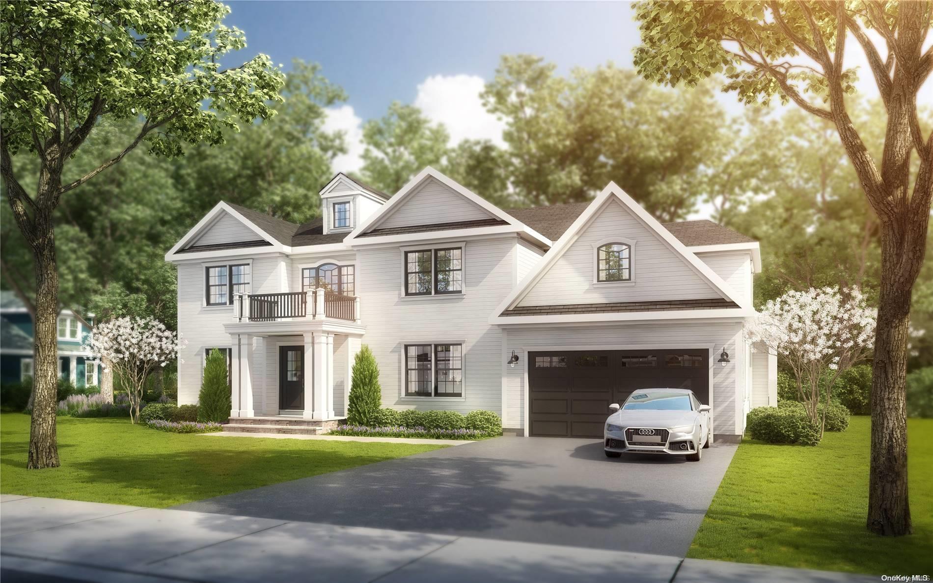 White two-story home with a balcony, attached garage, and car in the driveway.