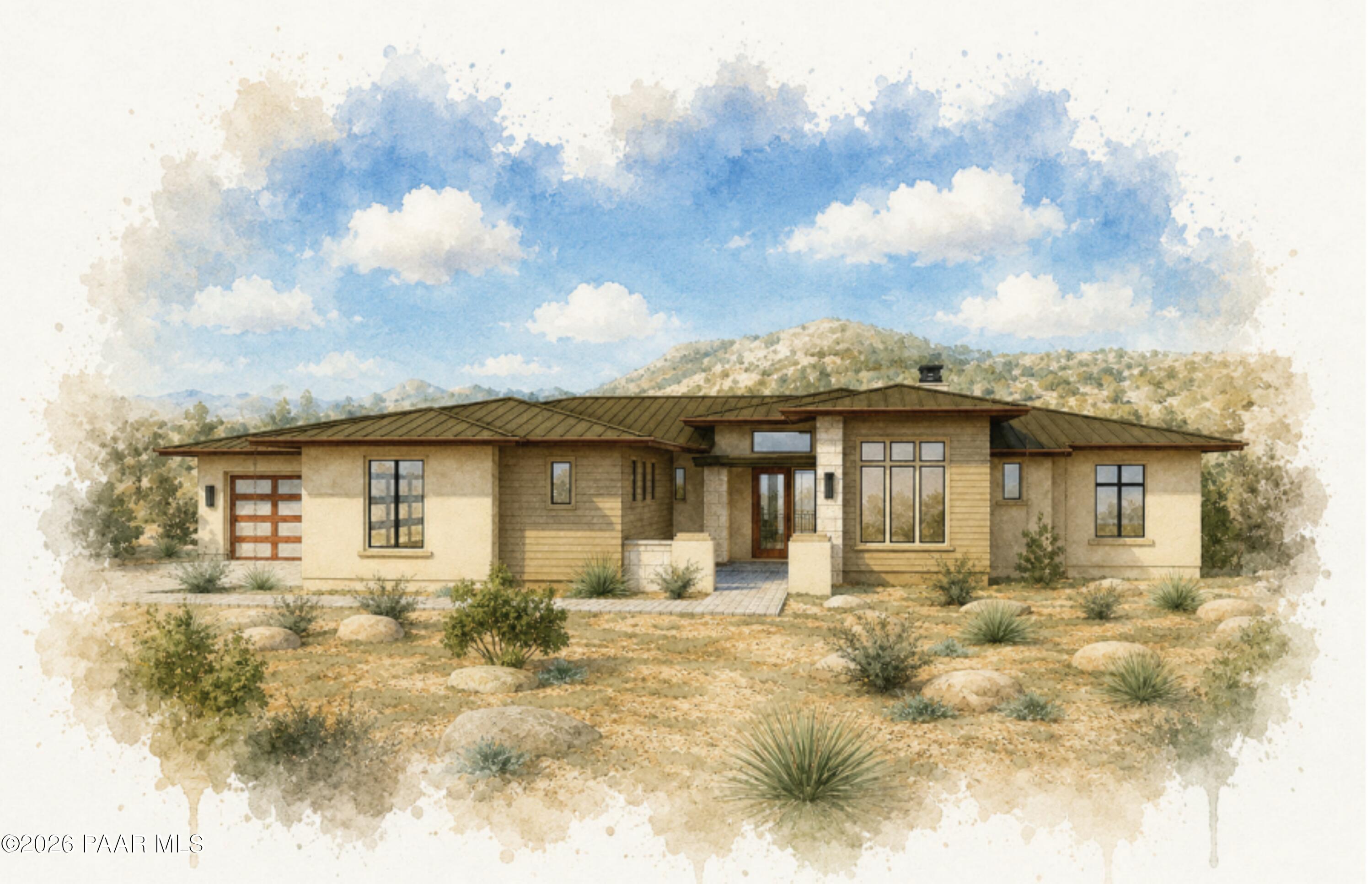 Single-story Southwestern home with a metal roof, desert landscaping, and hills behind it.