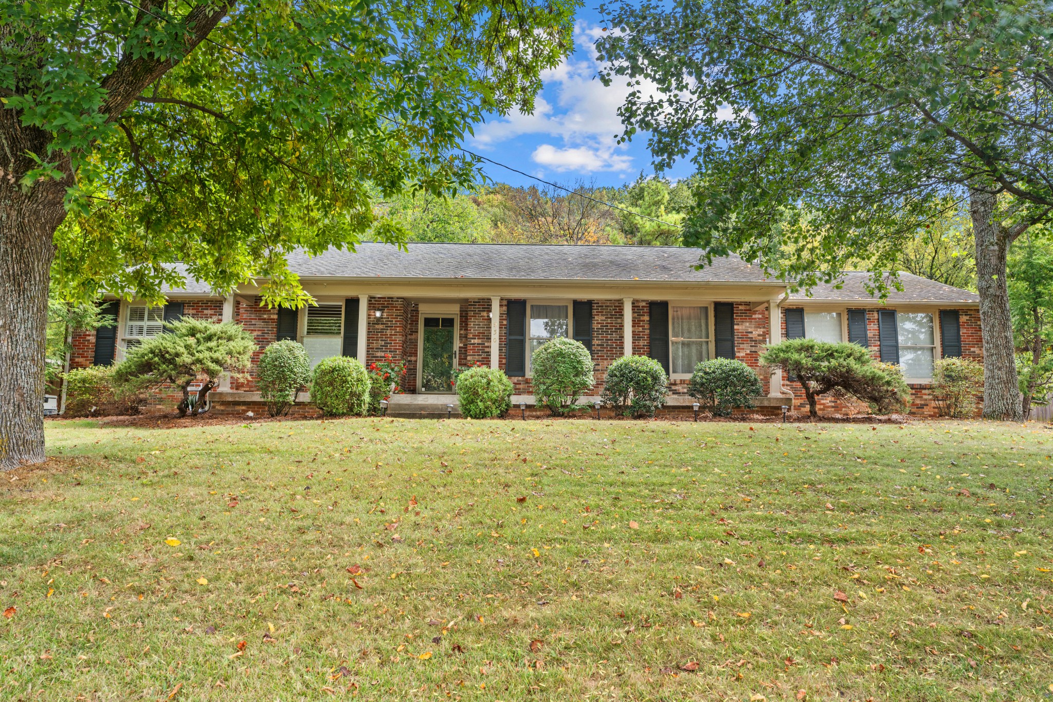 Single-story brick ranch house with dark shutters, landscaped shrubs, and mature trees around the front lawn.