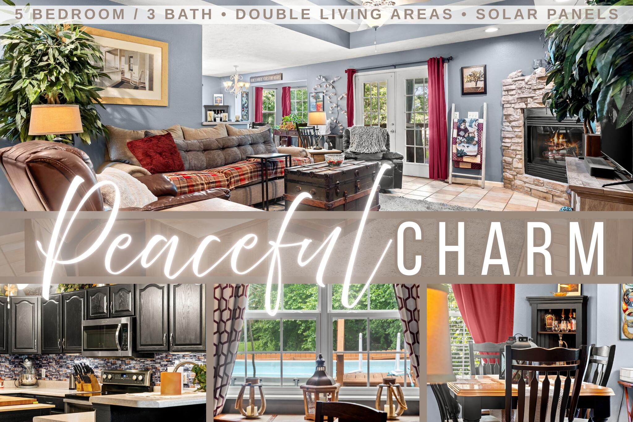 Home collage highlighting a stone fireplace, kitchen, pool view, and five bedrooms, three baths, and solar panels.