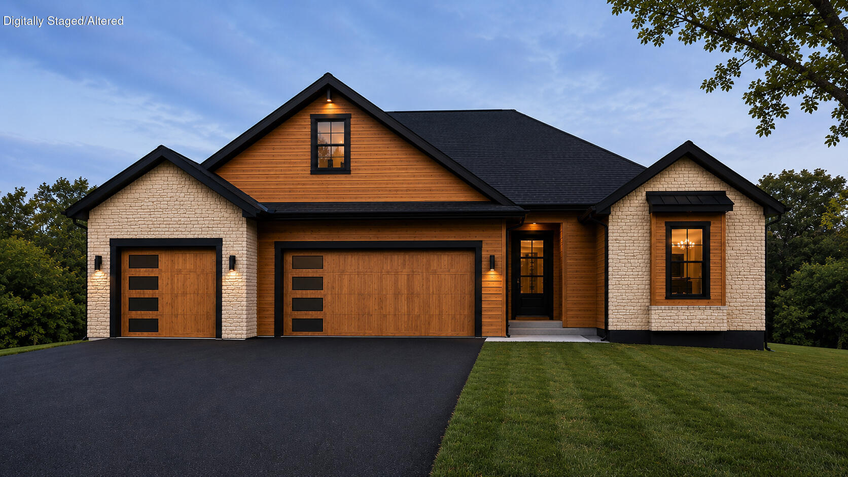 Home with wood siding, stone accents, two garage doors, and a wide paved driveway at dusk.