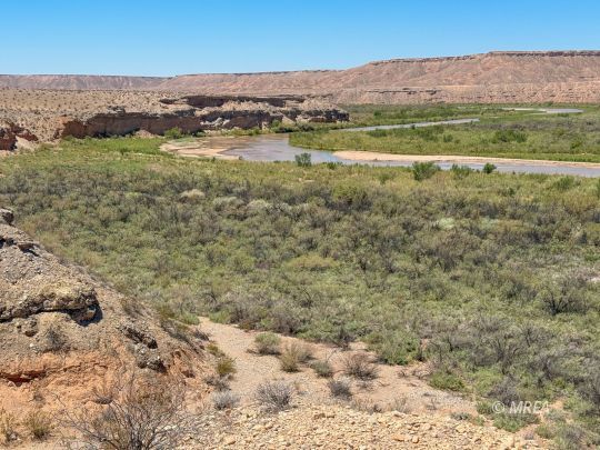 Desert river valley near Bunkerville, with scrubland, rocky cliffs, and a distant mesa.